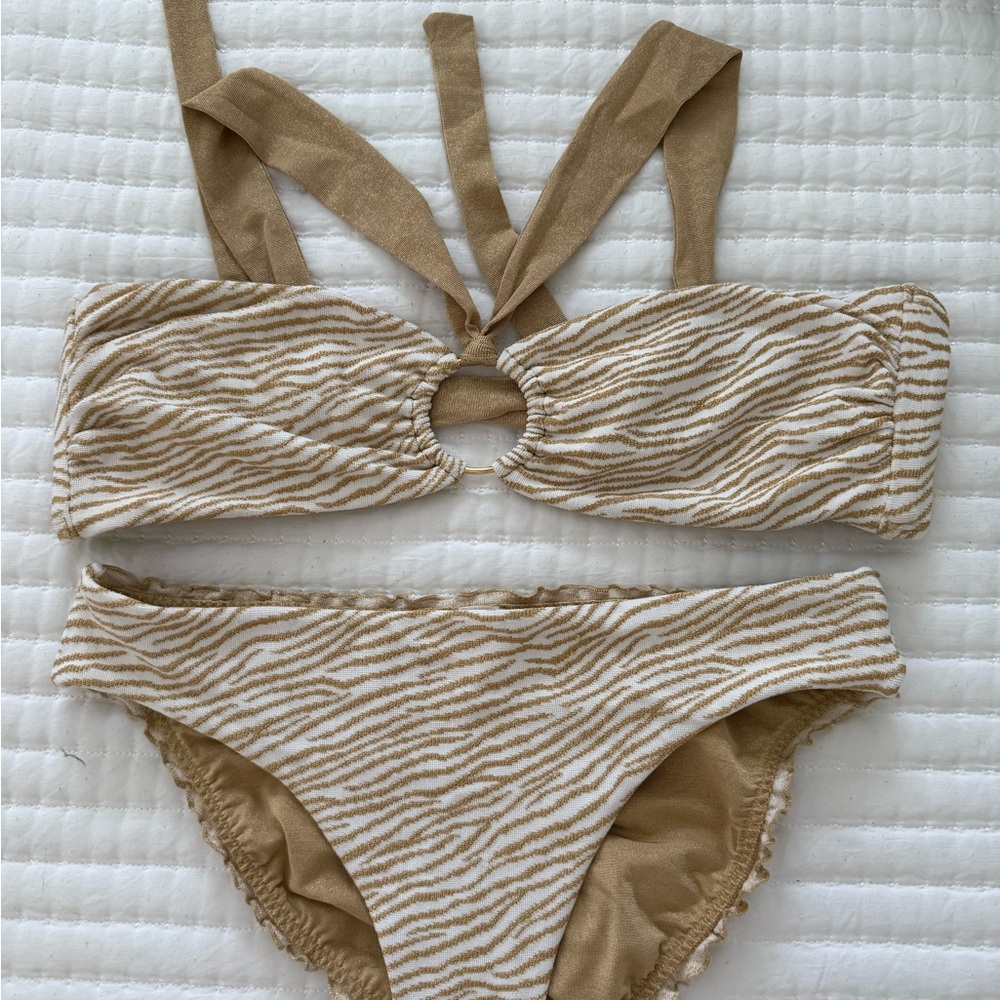 Lili Fama Gold Zebra Print Bandeau Ring Bikini Set XL